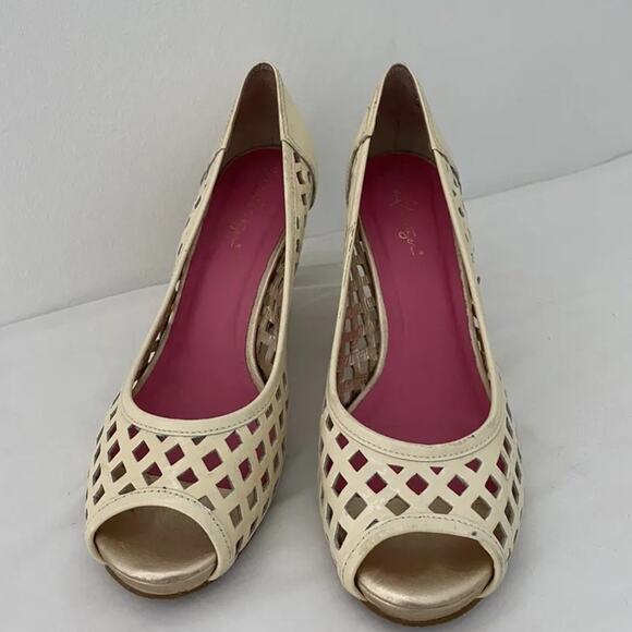 Lilly Pulitzer Resort Chic Ivory basket weave patent leather platform wedge - Picture 1 of 10